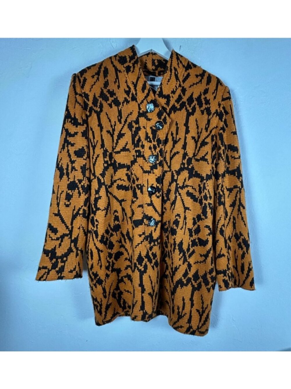 Evian Ludwig Womens Orange Black Print Wool-Mohair Blend Jacket Size 40 Pockets